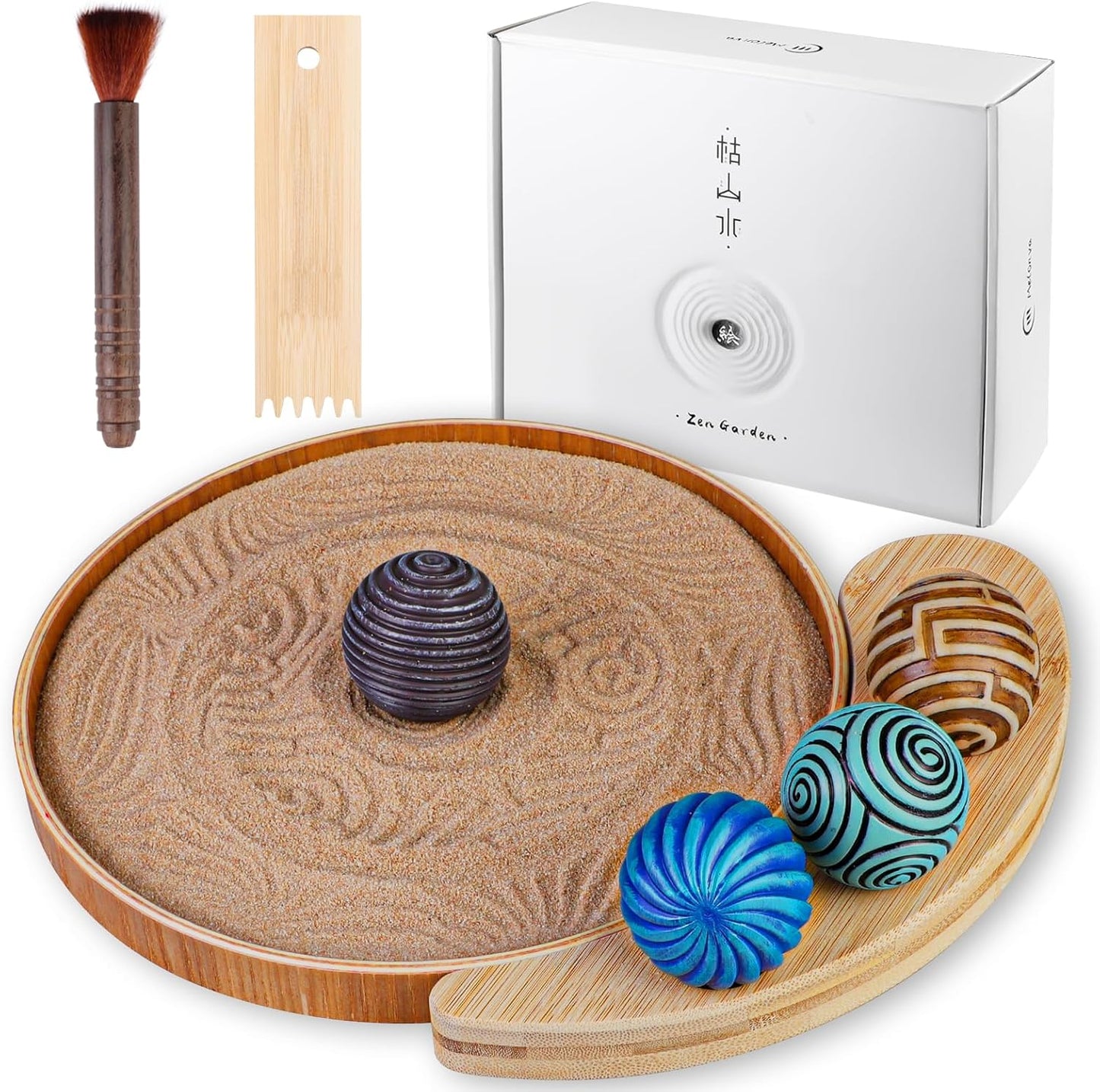 Mini Zen Garden for Desk - 9.5''x9.5'' Automatic Desk Sand Tray Therapy Kit with 4 Stamp Spheres