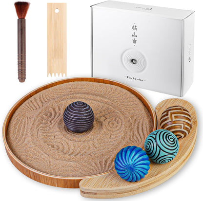 Mini Zen Garden for Desk - 9.5''x9.5'' Automatic Desk Sand Tray Therapy Kit with 4 Stamp Spheres