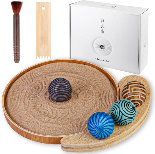 Mini Zen Garden for Desk - 9.5''x9.5'' Automatic Desk Sand Tray Therapy Kit with 4 Stamp Spheres