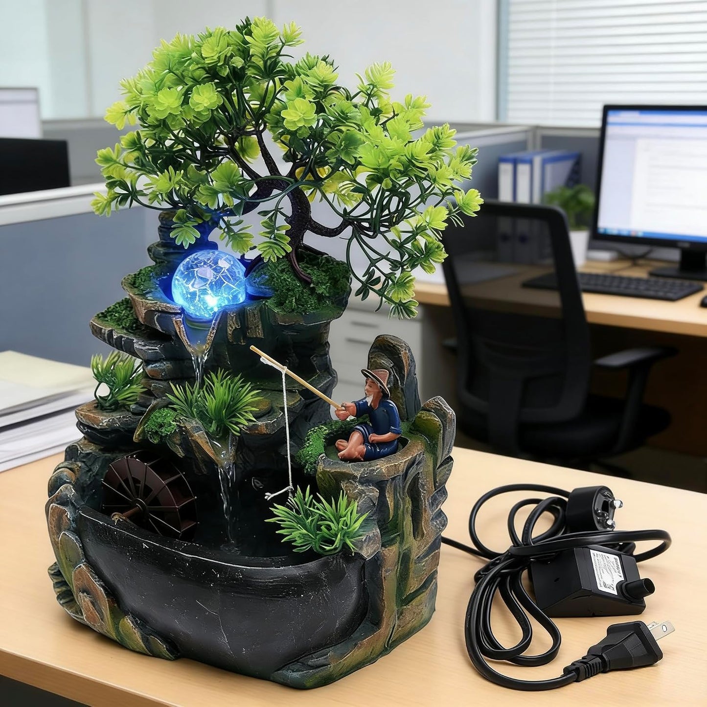 Mini Artificial Bonsai Tree Waterfall Fog Feature Rock Tabletop Fountain | 11in Desktop Decor Waterfall Fountain W/ Water Pump& Atomizer&LED Lights &Fake Tree Office Bedroom Relax