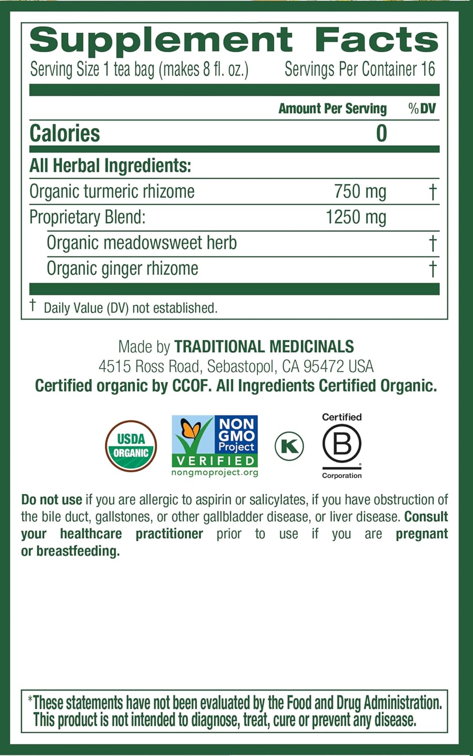 Traditional Medicinals Organic, Turmeric Tea with Ginger & Meadowsweet - Supports Normal Response to Inflammation - Kosher, Non-GMO, Caffeine-Free, Compostable - 16 Tea Bags