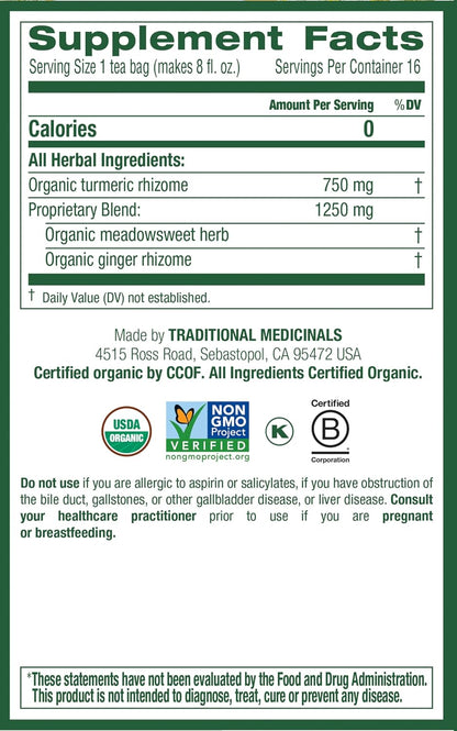 Traditional Medicinals Organic, Turmeric Tea with Ginger & Meadowsweet - Supports Normal Response to Inflammation - Kosher, Non-GMO, Caffeine-Free, Compostable - 16 Tea Bags