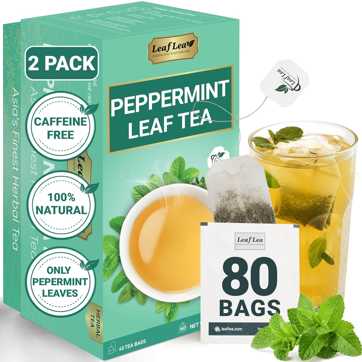 LeafLea Peppermint Tea Bags, Pure Peppermint Leaf Tea, 80 Count, 2-Pack