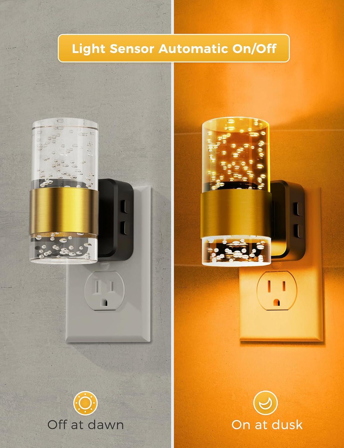 L LOHAS LED Night Lights Plug into wall, Amber Night Light with Adjustable Brightness, Plug in NightLight with Auto Light Sensor, Wall Sconce-Style Design Night Light for Bathroom,Hallway, 2 Pack