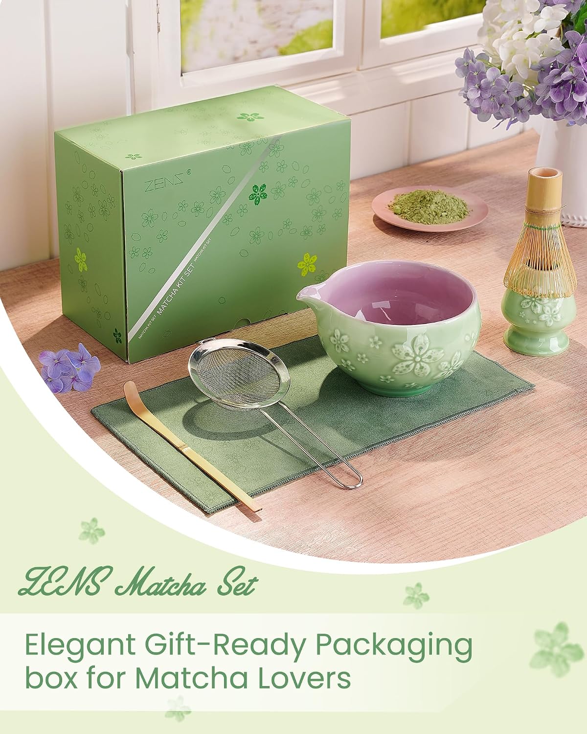 ZENS Matcha Whisk Set, Matcha Kit Set, Matcha Bowl with Spout, Bamboo Whisk & Scoop, Chasen Holder, 304 Sifter & Tea Mat, 6pcs Japaness Matcha Kit for Matcha Lovers, Birthday Gift, Pale Green