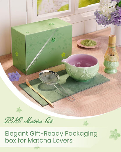 ZENS Matcha Whisk Set, Matcha Kit Set, Matcha Bowl with Spout, Bamboo Whisk & Scoop, Chasen Holder, 304 Sifter & Tea Mat, 6pcs Japaness Matcha Kit for Matcha Lovers, Birthday Gift, Pale Green