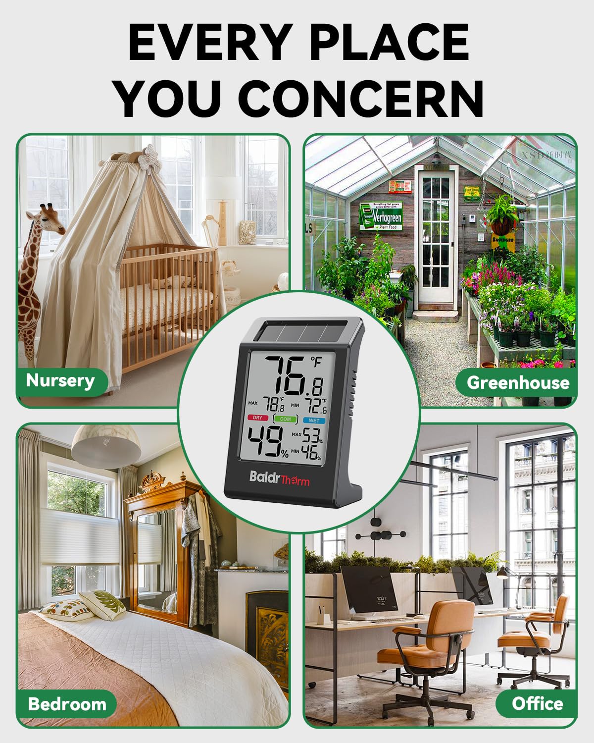BALDR Indoor Thermometer Hygrometer, Solar Power with Battery Backup, Large Display, Daily Max/Min & Comfort Indicator Humidity Meter (White)