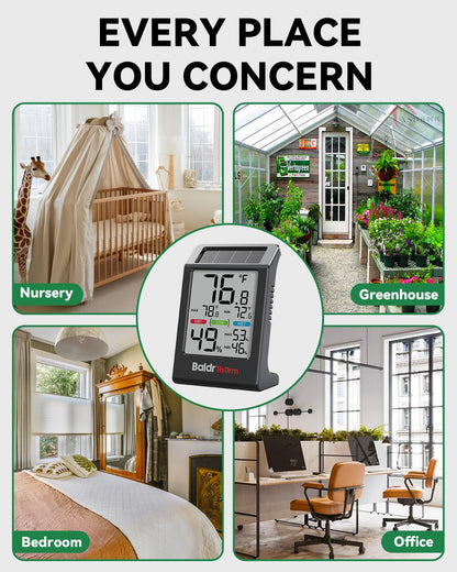 BALDR Indoor Thermometer Hygrometer, Solar Power with Battery Backup, Large Display, Daily Max/Min & Comfort Indicator Humidity Meter (White)