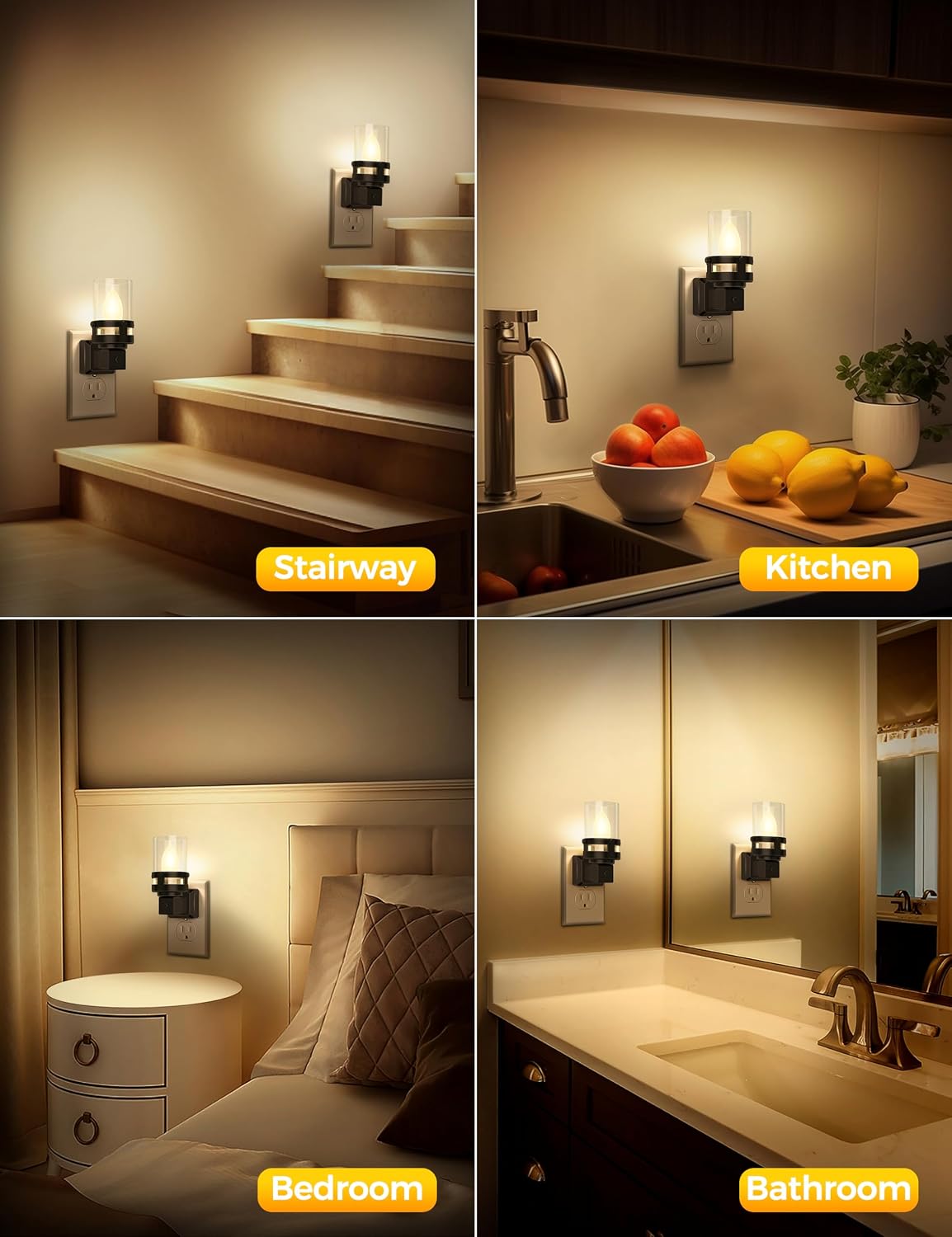 Briignite Flameless Candle Night Light, 2 Pack, Night Lights Plug into Wall, Candle Nightlight with Light Sensor, 0-100LM Dimmable LED Night Light Plug in, 1800K Amber Nightlight for Hallway Bathroom