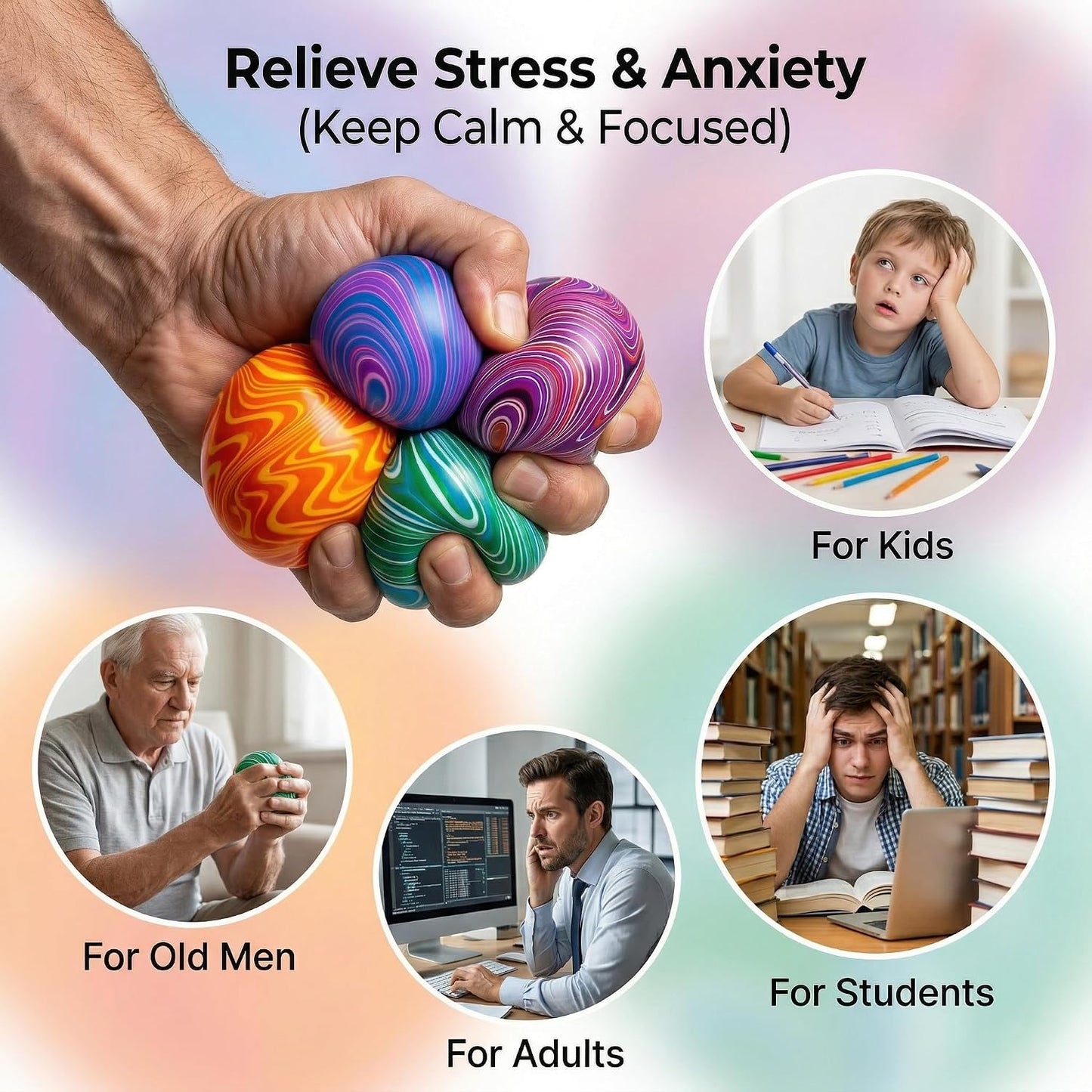 4 Pack Stress Balls Squishy Toys, 2 Inch Stress Relief Squeeze Toys