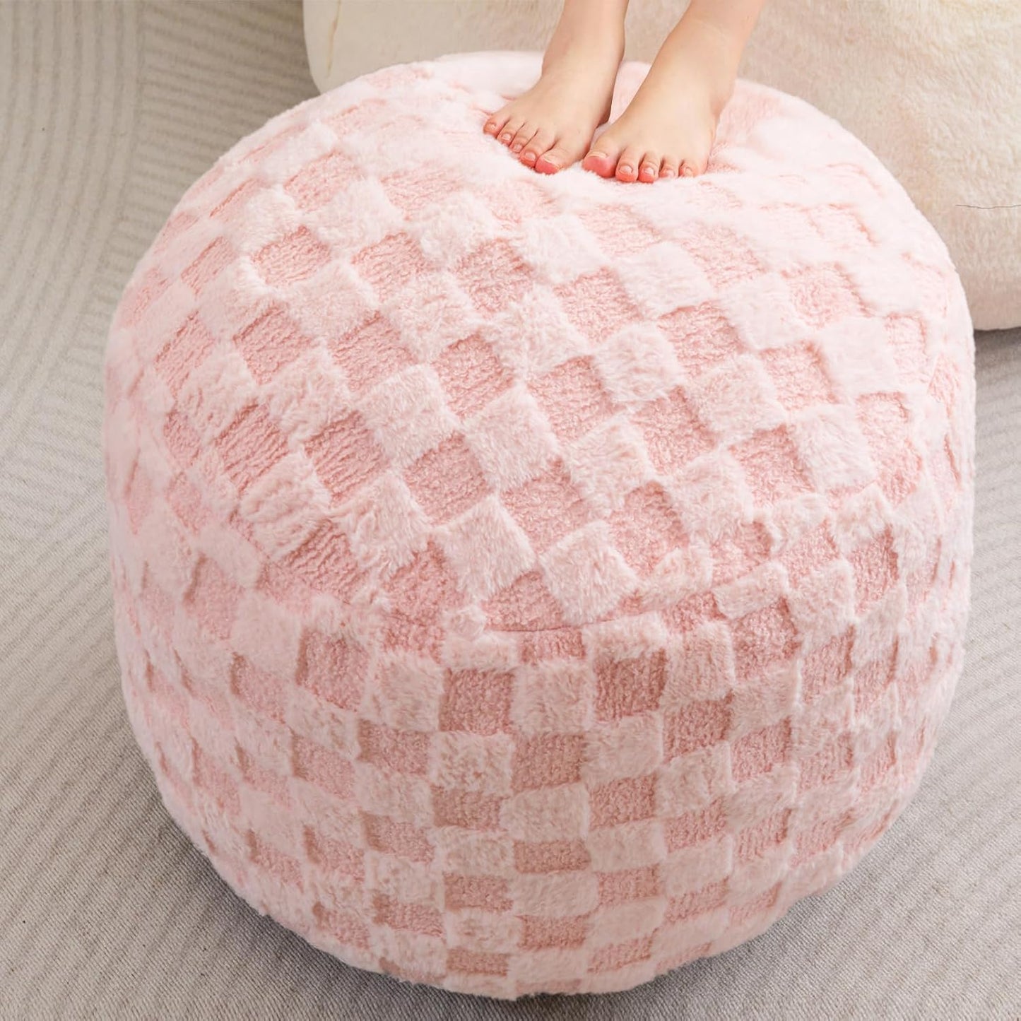 HIGOGOGO Round Stuffed Pouf Ottoman, Corduroy Poufs with Foam Chunk Filling, Furry and Fluffy Pouf Foot Stool Storage Ottoman, 20 X 15 Floor Poufs Foot Rest for Living Room, Dark Grey