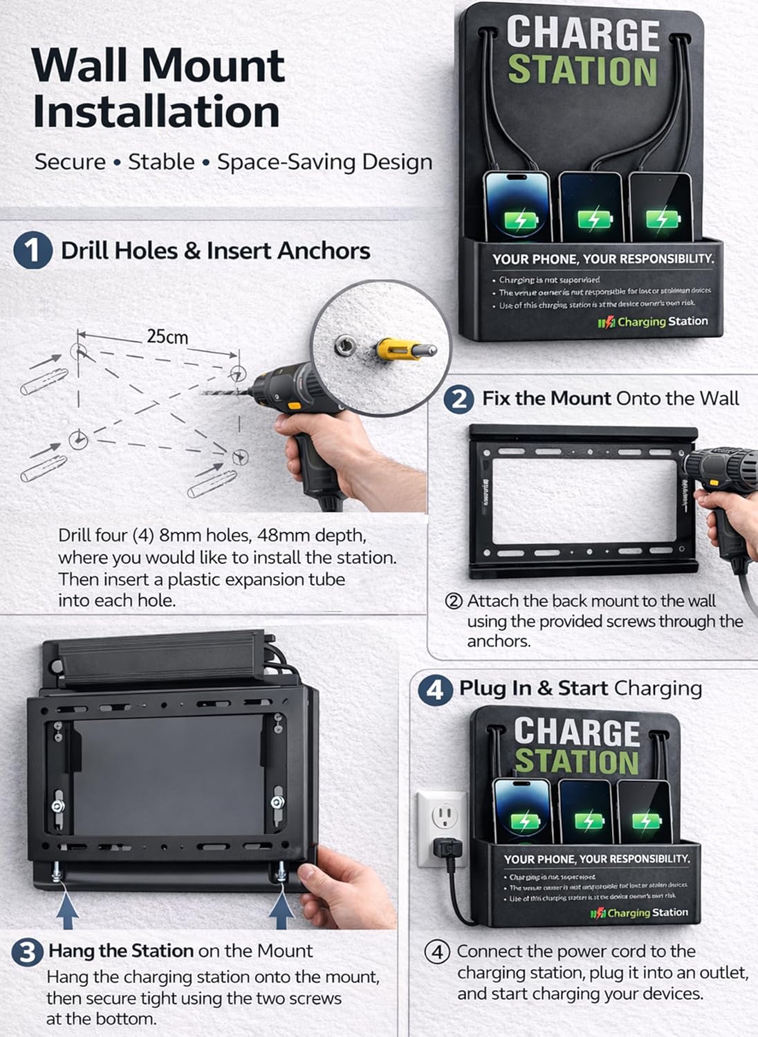 Commercial Wall Mounted Cell Phone Charging Station with 6 Charging Cables