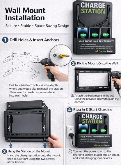 Commercial Wall Mounted Cell Phone Charging Station with 6 Charging Cables