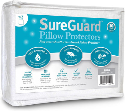 Set of 2 Standard Size SureGuard Pillow Protectors - 100% Waterproof, Bed Bug Proof, Hypoallergenic - Premium Zippered Cotton Covers - Smooth