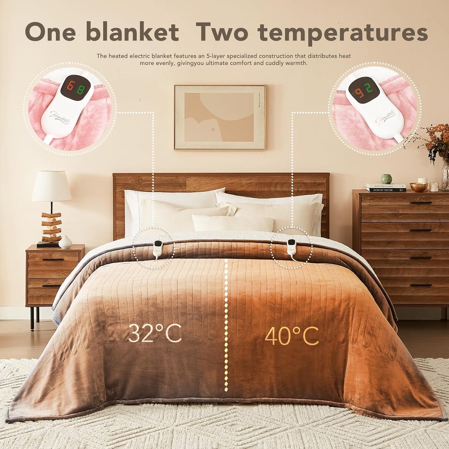 Homemate Electric Heated Blanket Twin - 62"x84" Heating Bed Blankets Throw with 10 Heating Levels 8 Hours Auto Off Fast Heating Over-Heated Protection Ultra Soft Warm Flannel ETL Certified Grey - Colors B