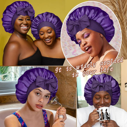 Satin Bonnet for Sleeping Cap Double Layer Hair Bonnet with Elastic Tie Band for Curly Hair Night Cap (Bean Paste + Pink)