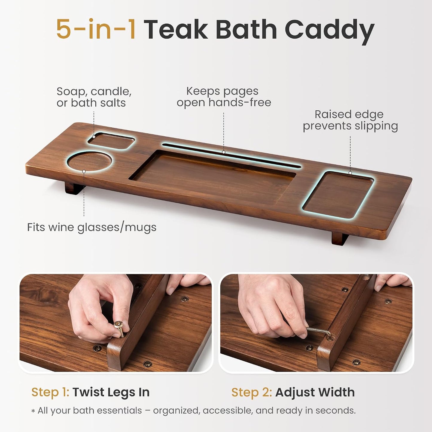 Teak Bathtub Tray for Freestanding Tubs - 35" Heavy-Duty Luxury Bath Caddy, Non-Slip Zero-Wobble Design, Water-Resistant Spa Organizer with Wine Glass & Phone Holder