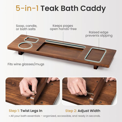 Teak Bathtub Tray for Freestanding Tubs - 35" Heavy-Duty Luxury Bath Caddy, Non-Slip Zero-Wobble Design, Water-Resistant Spa Organizer with Wine Glass & Phone Holder