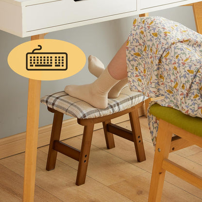 Foot Stool Ottoman Foot Rest Under Desk,Small Stool for Living Room, Bedroom and Kitchen (Brown Legs - Beige Stool Surface)