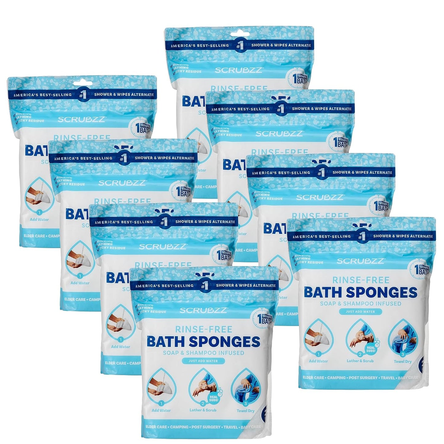 Scrubzz Disposable Rinse Free Bathing Wipes - 25 Pack - All-in-1 Single Use Shower Wipes, Simply Dampen, Lather, and Dry Without Shampoo or Rinsing