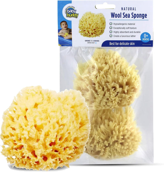 Baby Buddy Natural Wool Sea Sponge, Newborn Bath Time Essential, Ultra Soft for Delicate Skin, Hypoallergenic and Biodegradable, 2 Pack