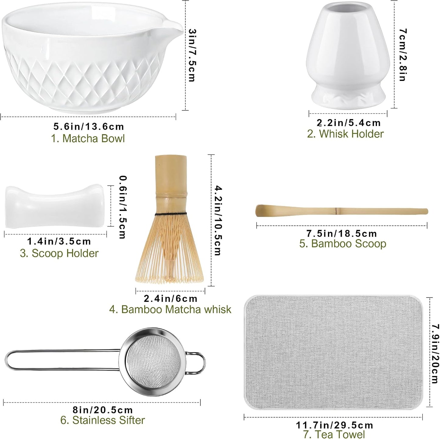 Matcha Whisk Set, 7 Pcs Matcha Kit, Ceramic Matcha Set Includes Matcha Bowl with Spout, Matcha Whisk and Holder, Bamboo Scoop, Scoop Rest, Sifter and Tea Towel (Ceramic White)
