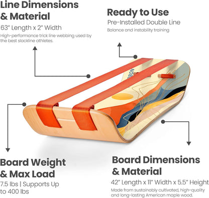 GIBBON SlackBoard - GiBoard Balance Board - Gift for Kids & Adults - 1 & 2 Line Options - Slackline Balance Trainer for Core Workouts, Standing Desk Exercise, Home Gym, Yoga & More
