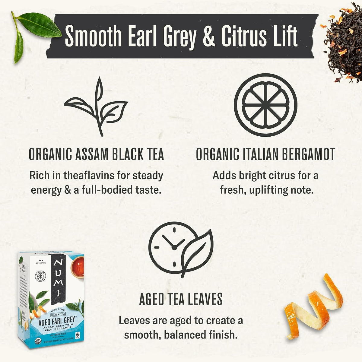 Numi Organic Aged Earl Grey Tea, 54 Black Tea Bags with Real Bergamot
