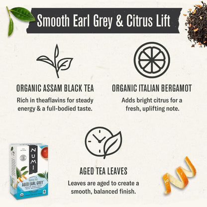 Numi Organic Aged Earl Grey Tea, 18 Black Tea Bags with Real Bergamot