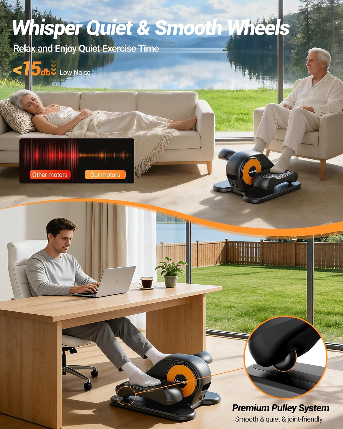 UMAY Under Desk Elliptical Eclipse Leg Exerciser Electric as seen on TV | Foot Pedal Peddler Seated Exercise Machine for Seniors 12 Level Speeds Manual Auto Mode with Remote for Home Office