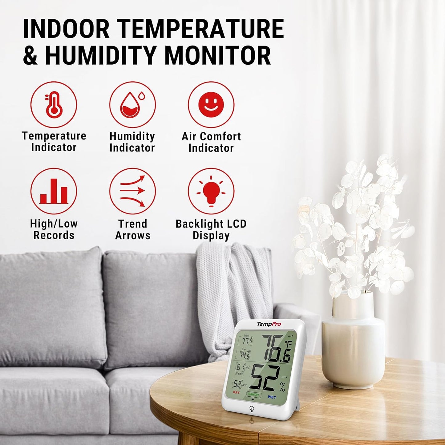 TempPro TP53 Digital Hygrometer Indoor Thermometer for Home, Temperature Humidity Sensor with Comfort Indicator & Max Min Records, Backlit Display Room Thermometer Humidity Meter(Previously ThermoPro)