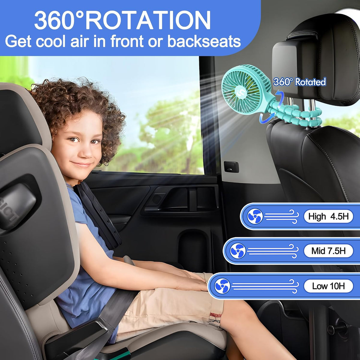WEGA Stroller Fan Rechargeable Portable Battery Operated Car Seat Baby Fan,3 Speeds USB Personal Fan for Crib Treadmill HomeOffice and Travel (Black)