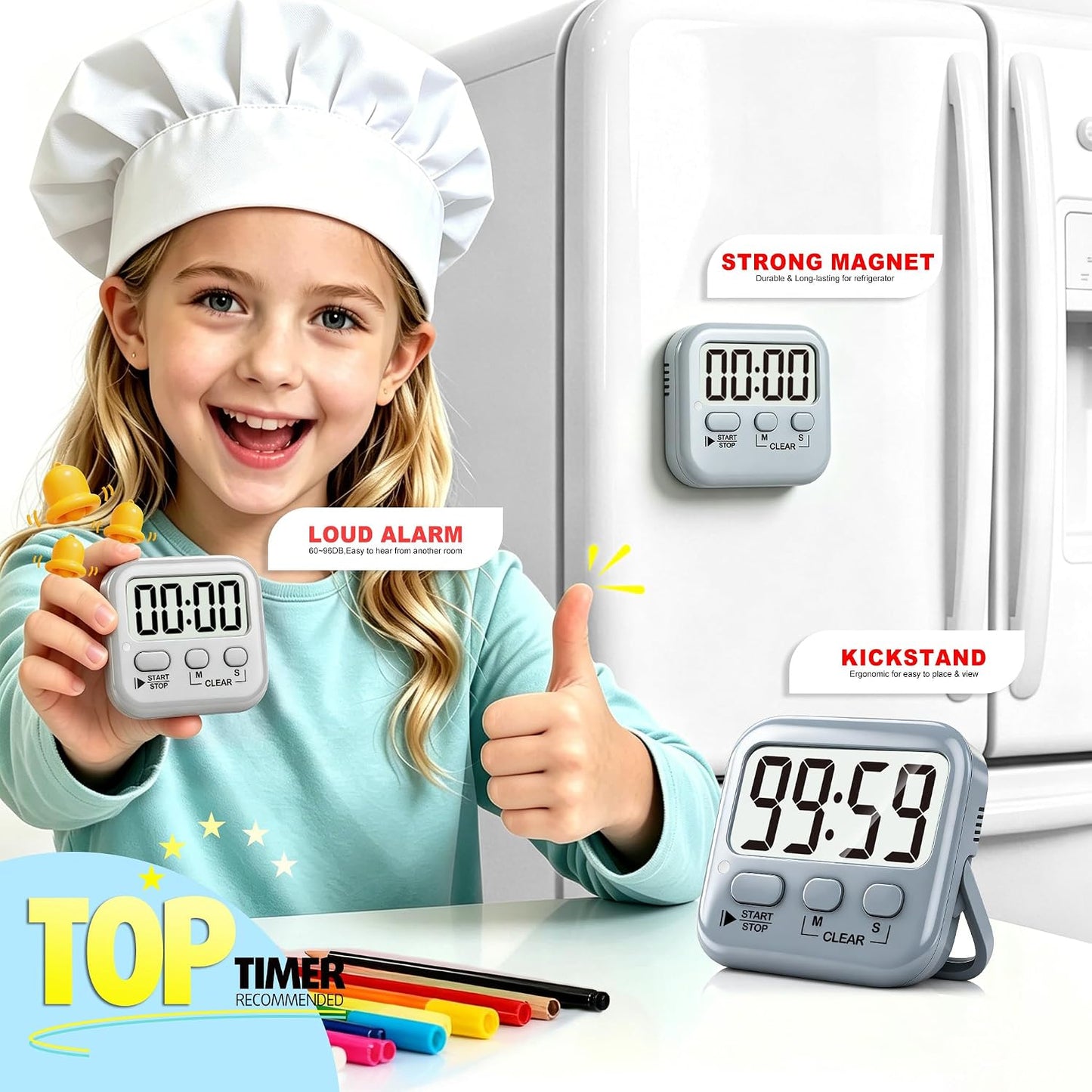 Antonki 2 Pack Digital Timer for Kids, Magnetic Countdown Kitchen Timers for Cooking, Egg, Classroom, Teacher, Exercise, Study, Oven - Battery Included
