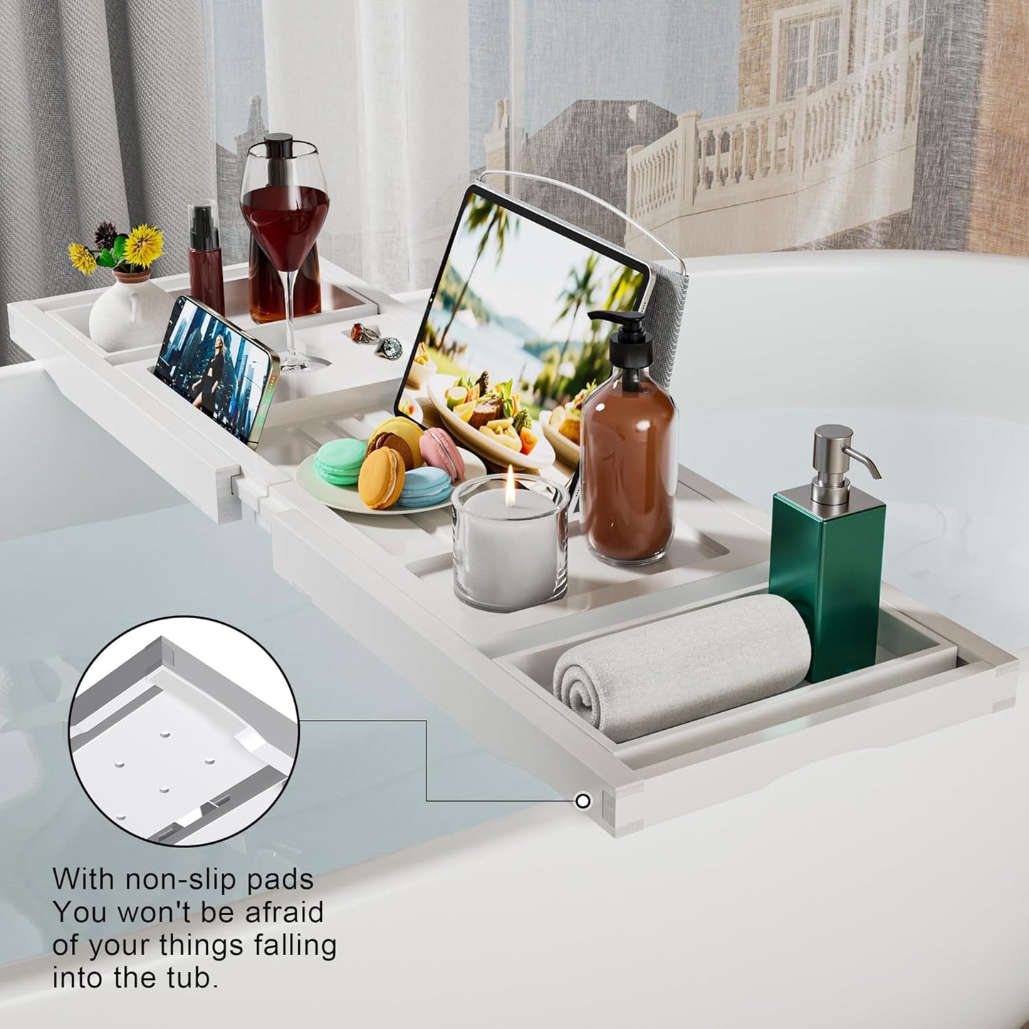 Artmalle Luxury Bathtub Caddy Tray for Tub - Foldable Bamboo Bath Table Tray with Book and Wine Glass Holder, Expandable Bathroom Accessories for Spa or Reading Lite Style