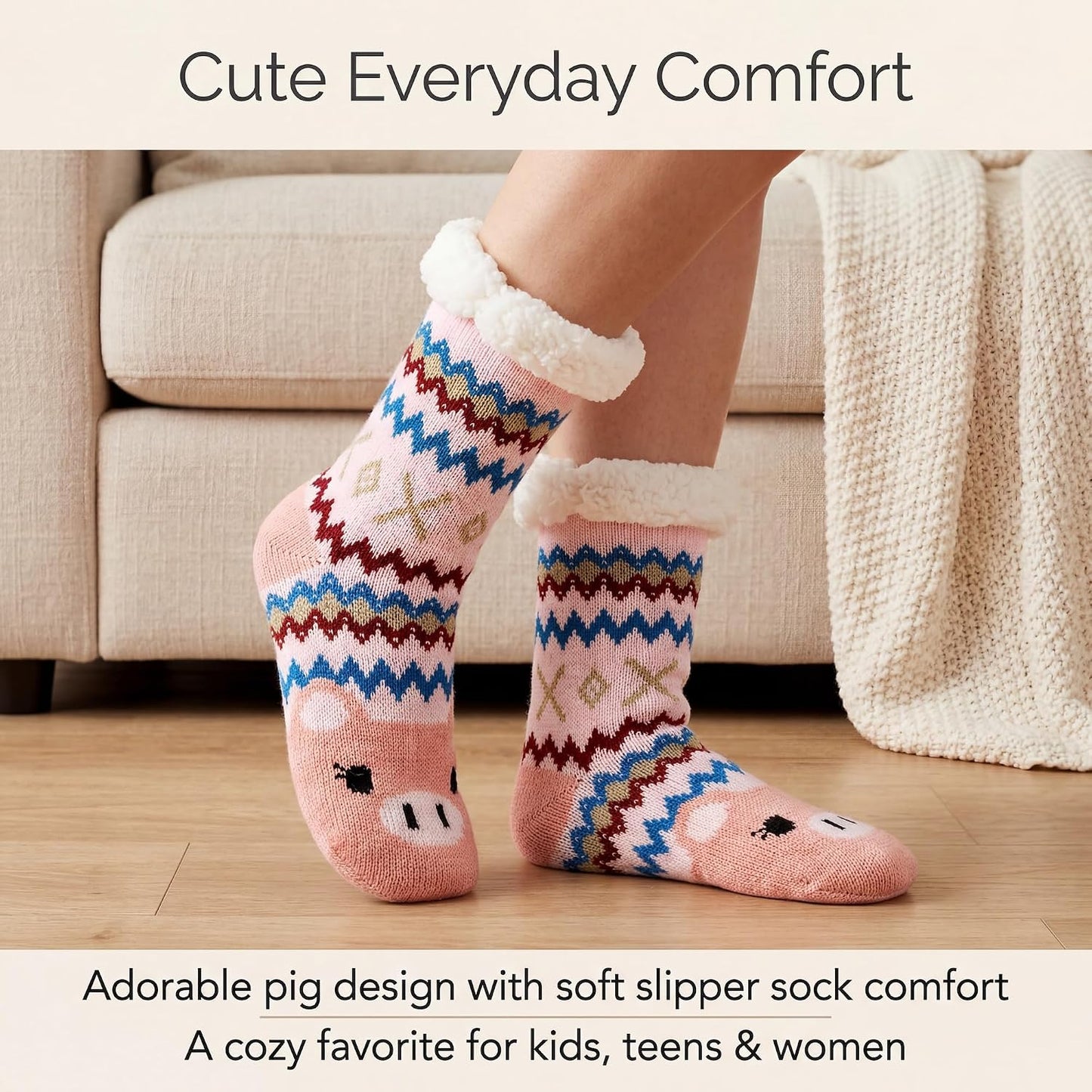 cosyone1997 Fuzzy Slipper Socks for Women Kids with Grips, Cute Animal Sherpa Lined Non-Slip Cozy Winter Socks Gifts