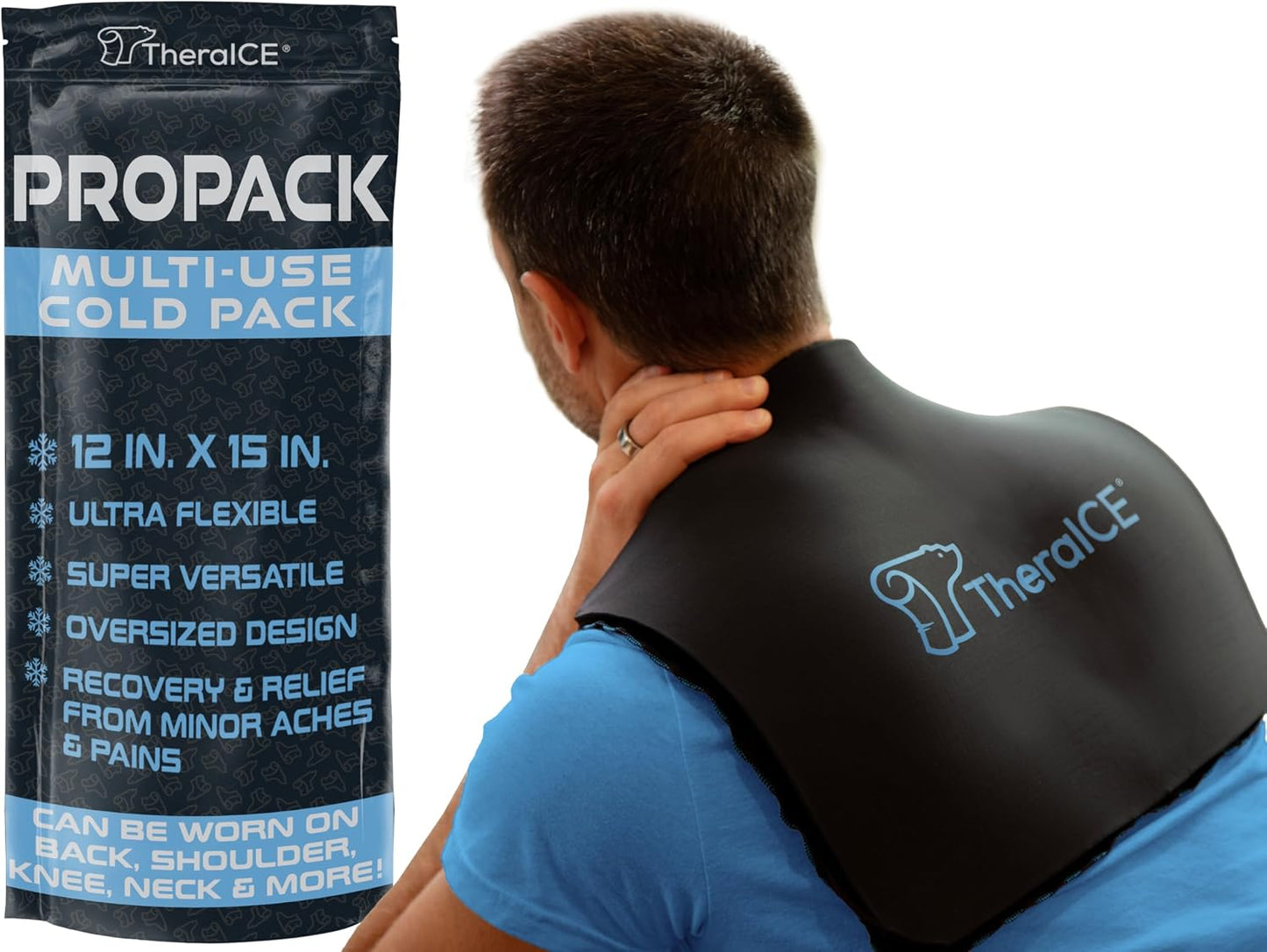 TheraICE PROpack Ice Pack for Injuries, Reusable Soft Multipurpose Cold Gel Ice Pack for Muscular Back Pain, Shoulder, Hip, Knee - Flexible Cold Compress Wrap for Minor Aches & Pains - 9 x 12