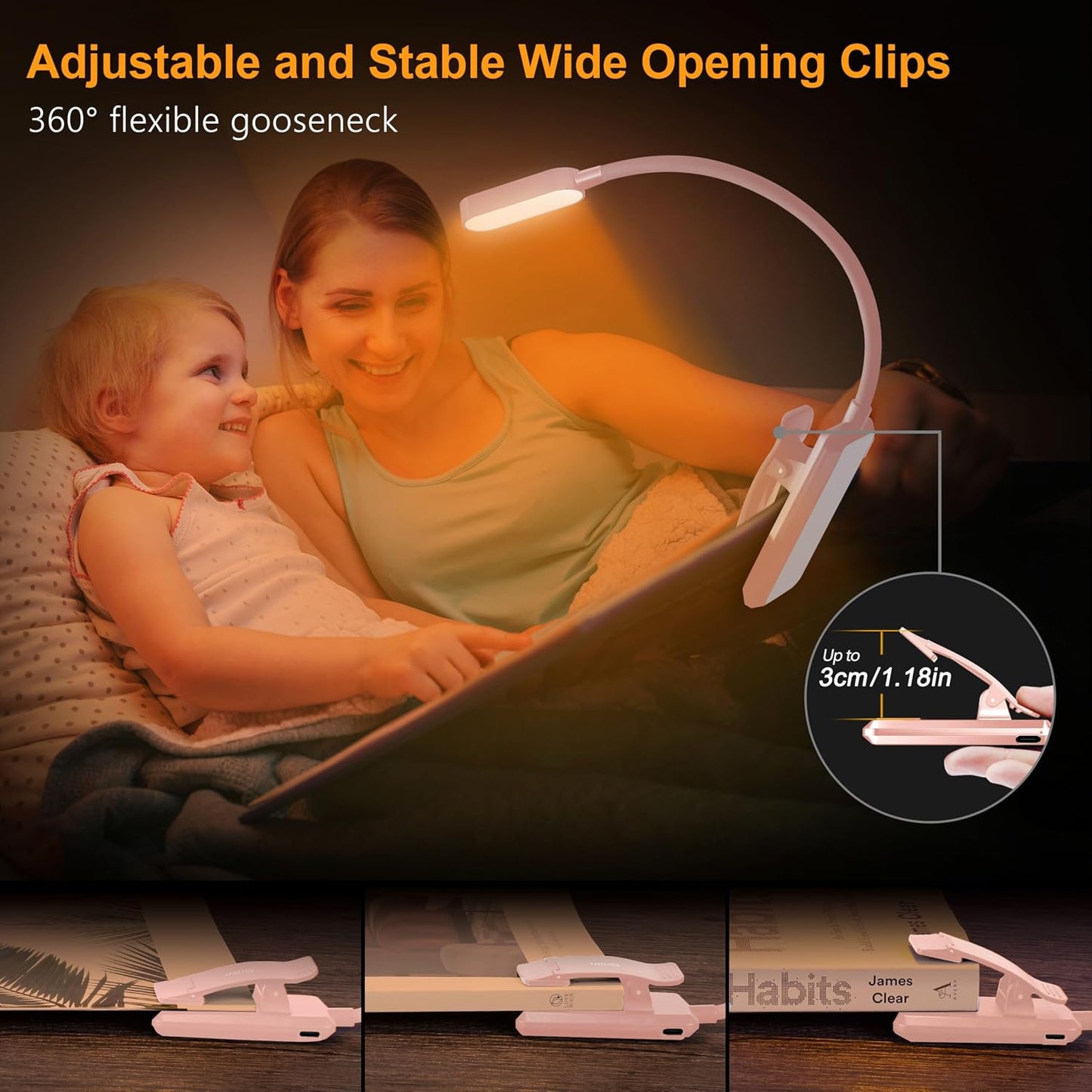 Gritin 16 LED Rechargeable Book Light for Reading in Bed- Eye Caring 3 Color Temperatures, Stepless Dimming Brightness, 80 Hrs Runtime, Lightweight Flexible Clip on Light for Book Lovers