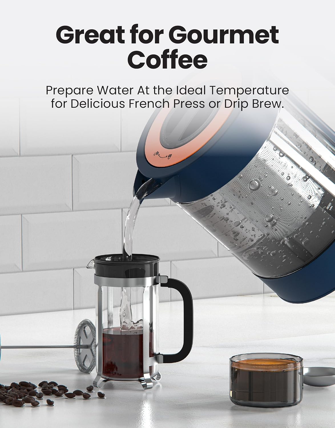 Viante Alba Electric Tea Kettle with Infuser, No Plastic In Contact With Water, 1.5L Borosilicate Glass, 304 Stainless Steel, 4 Temperature Presets, Keep Warm, Cordless, Auto Shut-Off