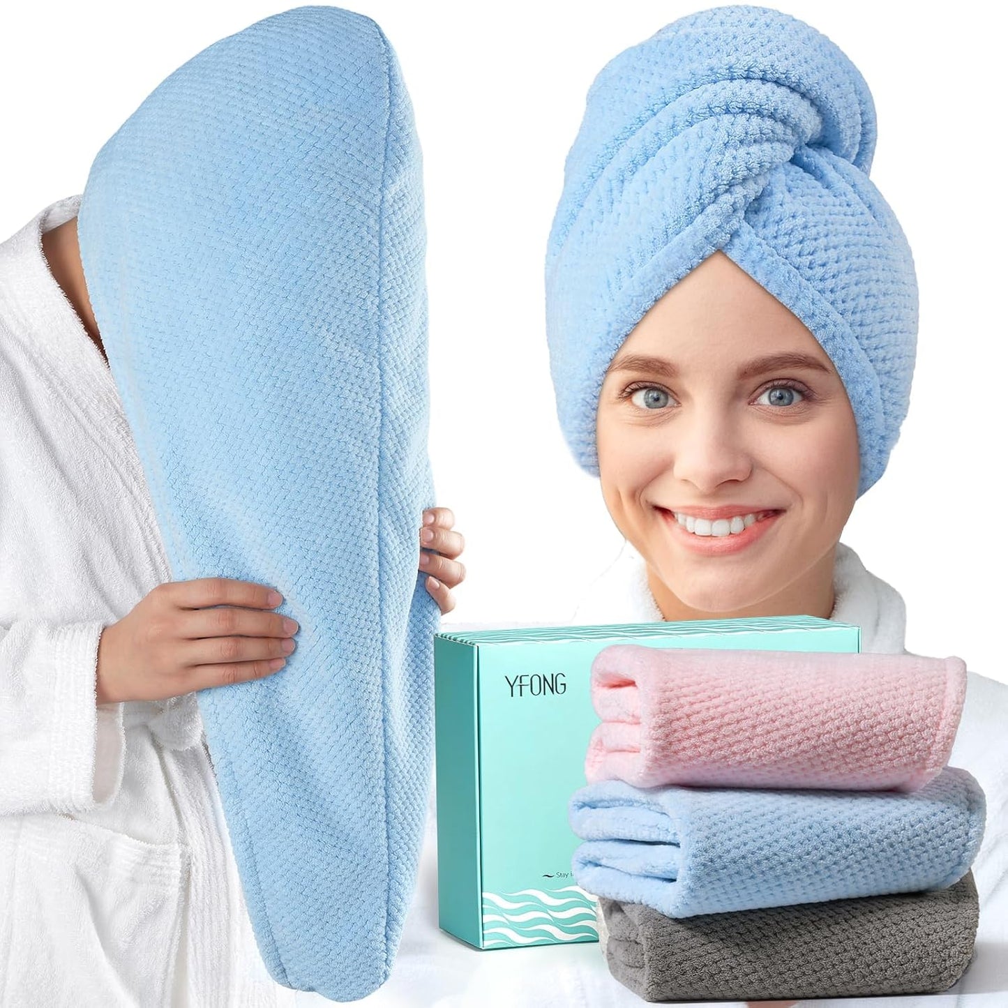 YFONG 3 Pack Large Microfiber Hair Towel Wrap, 30" x 10" Anti Frizz Quick Dry Hair Towels for Women Long, Curly, Thick Hair, Super Absorbent Hair Turban for Wet Hair (Grey, White, Camel)
