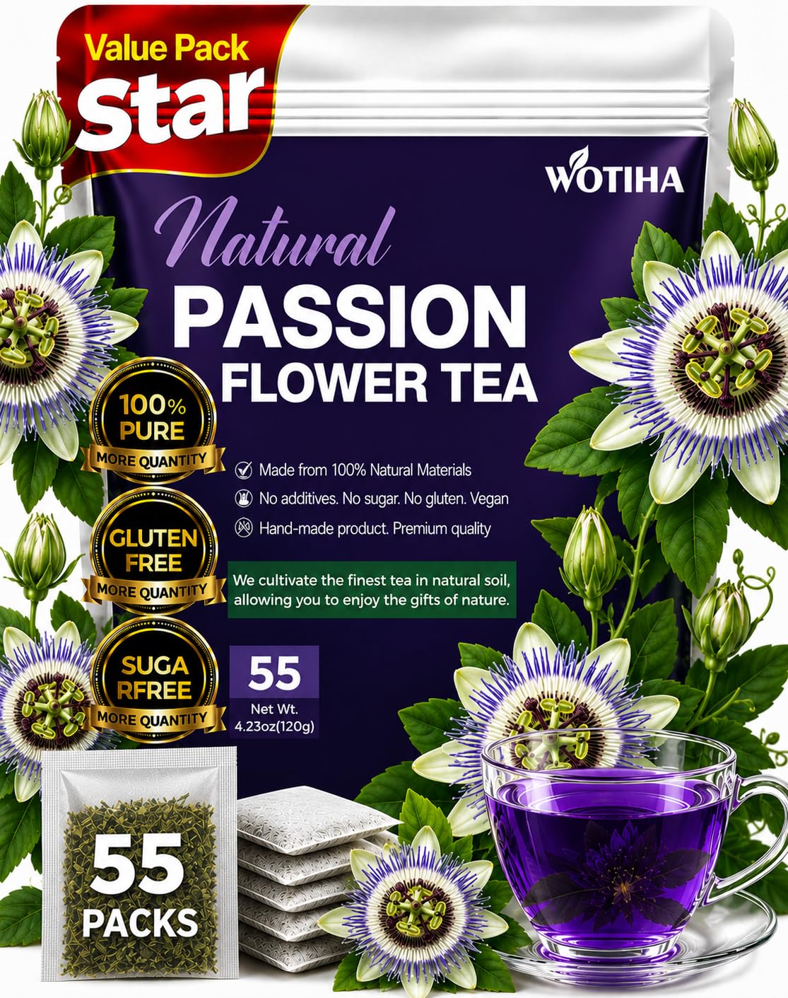 WOTIHA 55 Count Premium Passion Flower Tea Bags - 100% Natural & Pure, Supports Relaxation & Better Sleep, Non-GMO Caffeine-Free, Additive-Free, Sugar-Free, Vegan.