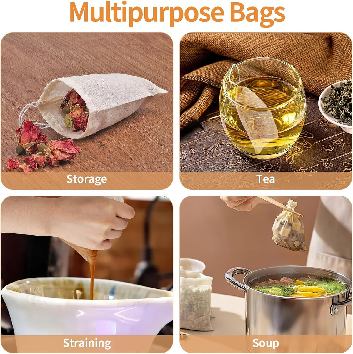 60 Pcs Spice Bags for Cooking, Muslin Reusable Tea Bag Drawstring Sachet