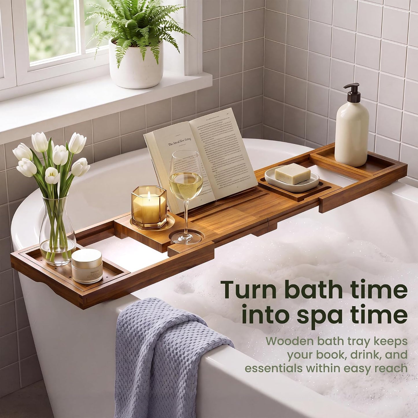 Teak Bathtub Tray - Luxury Bath Tray with Expandable Handles, Wine Glass and Phone Holders, Book Stand - Perfect for Home Spa Relaxation and Reading - Natural Bath Accessories - Dark Walnut Color