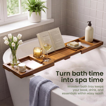 Teak Bathtub Tray - Luxury Bath Tray with Expandable Handles, Wine Glass and Phone Holders, Book Stand - Perfect for Home Spa Relaxation and Reading - Natural Bath Accessories - Dark Walnut Color