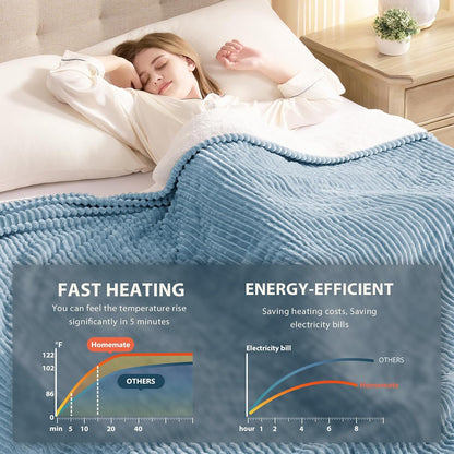 Homemate Heated Blanket Electric Throw - 50"x60" Heating Blanket Throw 1/2/4/6/8 Hours Auto-Off 10 Heat Levels Over-Heat Protection Soft Flannel Sherpa Heater ETL Certification