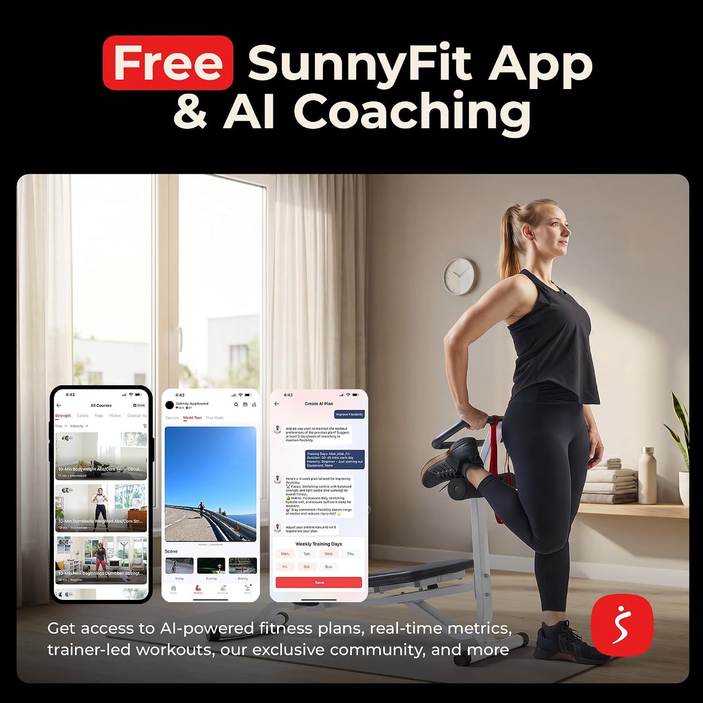 Sunny Health & Fitness Full Body Stretch Machine for Home Gym, Back Stretcher & Flexibility Trainer with Pivoting Seat, Foam Rollers, Safety Straps, Handlebar & SunnyFit App