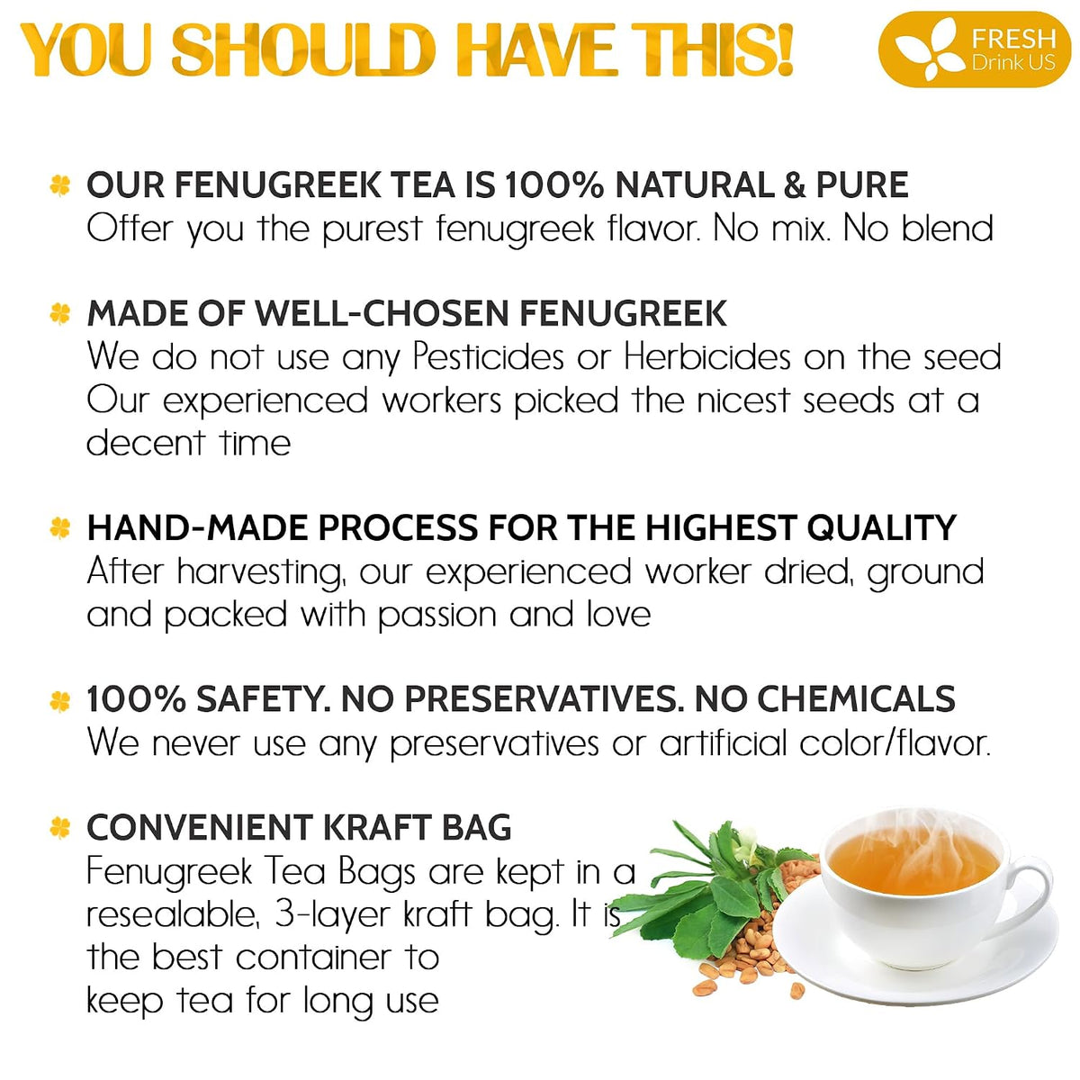 FreshDrinkUS, Premium Fenugreek Tea Bag, 30 Count, Pure, Caffeine Free