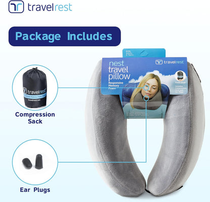 TRAVELREST Nest Neck Pillow Travel Essentials - Memory Foam Support - Grey