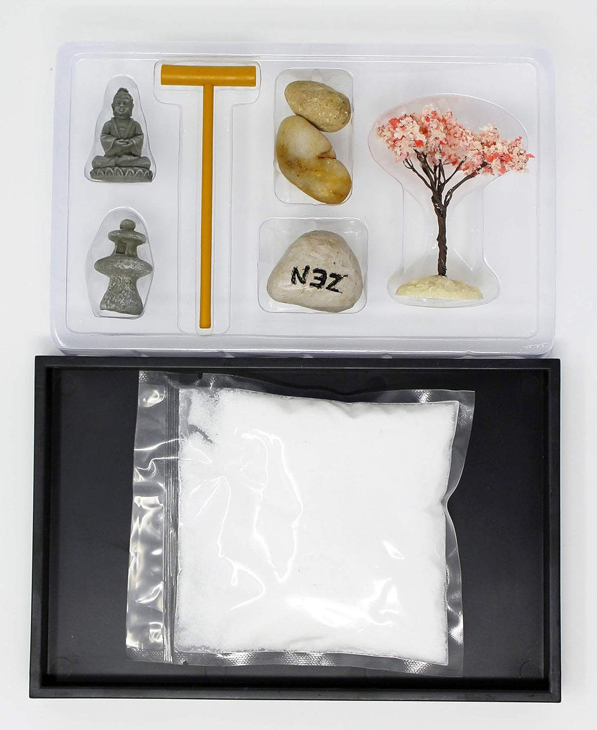 Nature's Mark Mini Zen Garden Kit for Desk with Rake, White Sand, Lotus Figure, 3 Sections Black Square Base, River Rocks and Black Rocks (9Lx9W C)