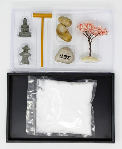 Nature's Mark Mini Zen Garden Kit for Desk with Rake, White Sand, Lotus Figure, 3 Sections Black Square Base, River Rocks and Black Rocks (9Lx9W C)