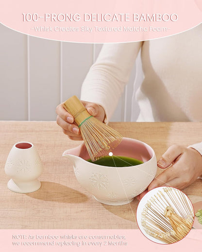 ZENS Matcha Whisk Set, Matcha Kit Set, Matcha Bowl with Spout, Bamboo Whisk & Scoop, Chasen Holder, 304 Sifter & Tea Mat, 6pcs Japaness Matcha Kit for Matcha Lovers, Birthday Gift, Pale Green
